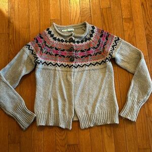 Fair isle sweater cardigan. Sz small. Acrylic/wool blend. Grey button front